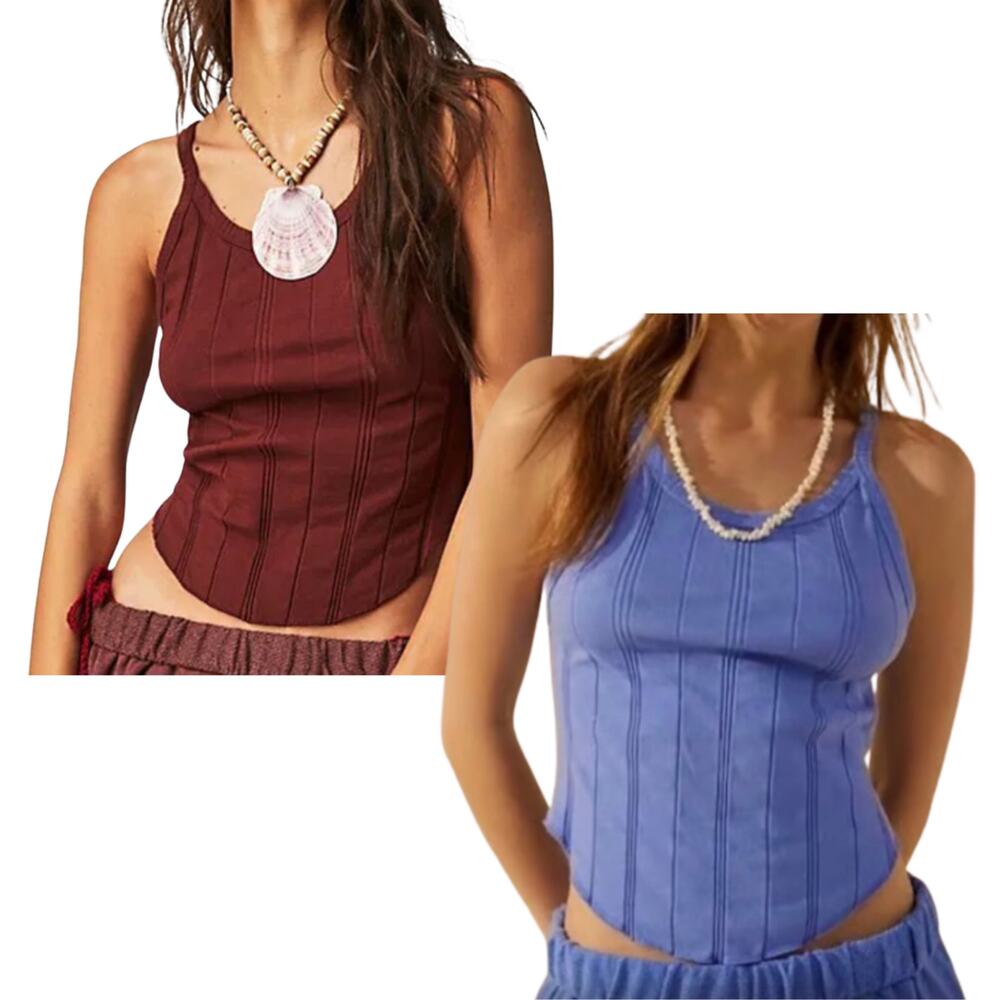 Free People Ribbed Tank Top in Maroon and Periwinkle.